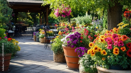 Wallpaper Mural A charming garden cafe with large flower pots, overflowing with vibrant blooms, adding charm to the outdoor seating area with a scenic landscape backdrop Torontodigital.ca