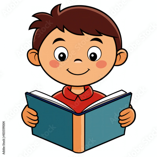 A Young Boy Reads Intently From a Book on a White Background 