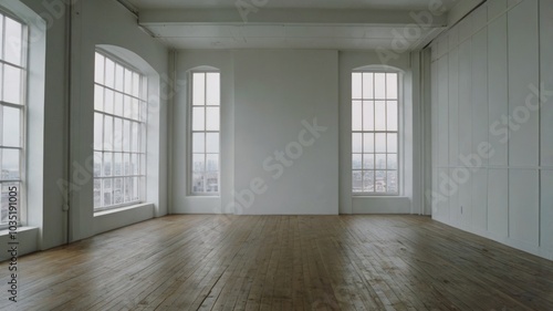 Empty Bright Room With Large Windows Offering a View on a Cloudy Day in an Urban Setting