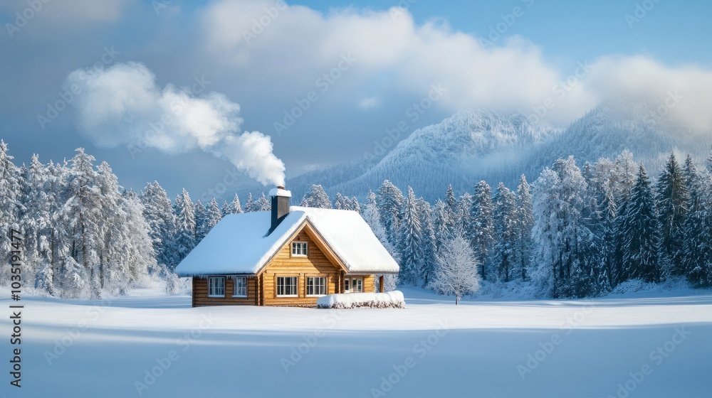 A cozy mountain house with a smoking chimney, covered in snow, standing in a vast, snowy field with distant mountains and trees in the background A cozy mountain house with a smoking chimney, covered in snow, standing in a vast, snowy field with distant mountains and trees in the background