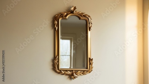 Elegant Vintage Mirror With Golden Frame Reflecting Natural Light in a Cozy Indoor Setting
