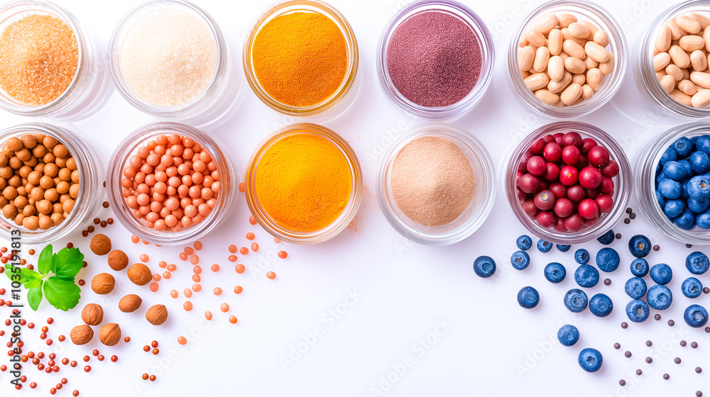 A colorful variety of spices, grains, and legumes is neatly organized in glass containers on a clean white countertop, showcasing diverse textures and colors that add flavor to culinary creations A colorful variety of spices, grains, and legumes is neatly organized in glass containers on a clean white countertop, showcasing diverse textures and colors that add flavor to culinary creations