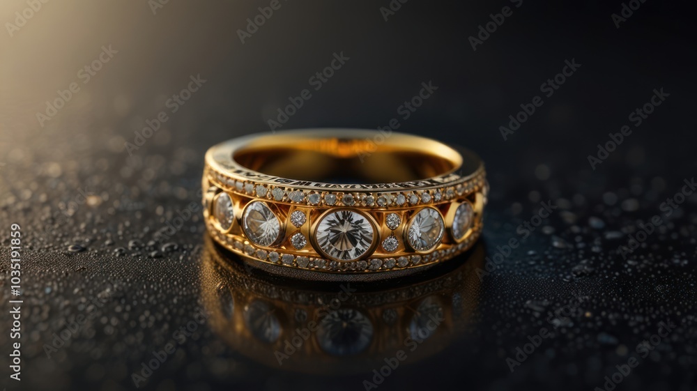 A close-up of a gold band with a cluster of diamonds set on a dark background with water droplets. A close-up of a gold band with a cluster of diamonds set on a dark background with water droplets.
