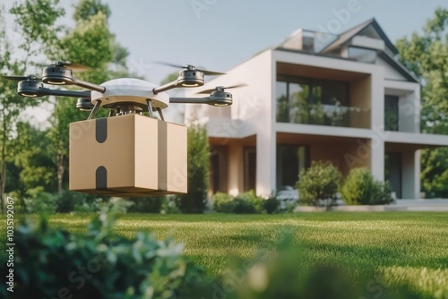 Drone delivering a package to a suburban home, futuristic logistics and technology innovation