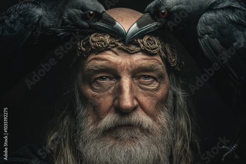 Mythology depicts Odin with his ravens Huginn and Muninn photo