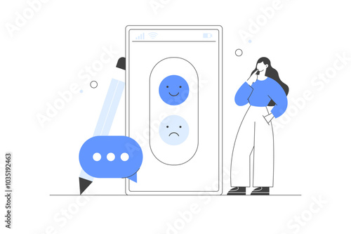 Feedback and survey. Character giving positive feedback, choosing emoji to show satisfaction rating and filing survey form. Flat Cartoon Vector Illustration. Minimalist line, abstract
