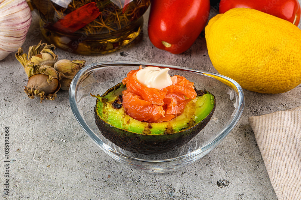 Whole grilled avocado with salmon Whole grilled avocado with salmon