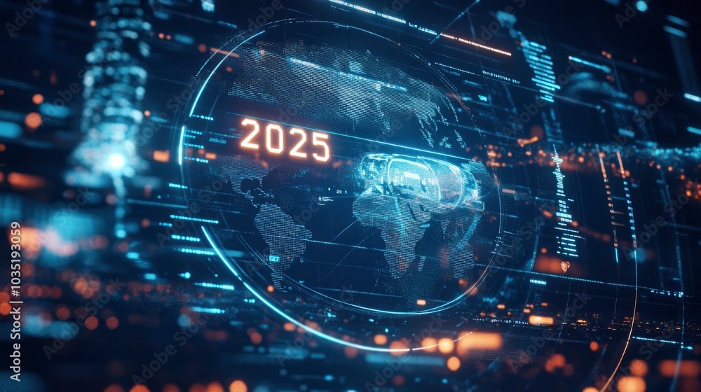 Smart world dashboard with numbers 2025 on background, new year concept banner Smart world dashboard with numbers 2025 on background, new year concept banner