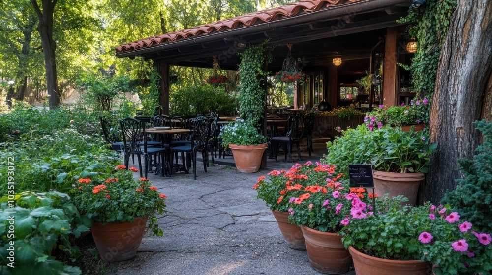 A small, artistic cafe with stylish flower pots at the entrance, filled with lush greenery and colorful flowers, blending beautifully into the surrounding landscape A small, artistic cafe with stylish flower pots at the entrance, filled with lush greenery and colorful flowers, blending beautifully into the surrounding landscape