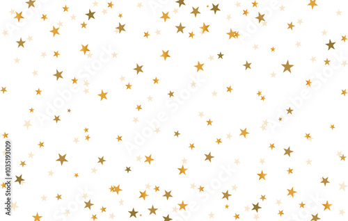 Abstract gold star confetti pattern on a white background. Yellow, orange and golden star wallpaper. Golden star glitter. Texture of gold foil.