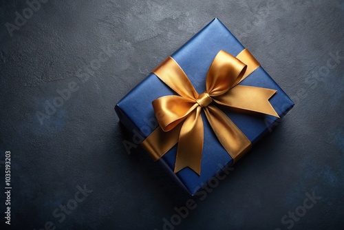 Dark Blue Gift Box with Gold Satin Ribbon Perfect for Holiday and Christmas Present Ideas