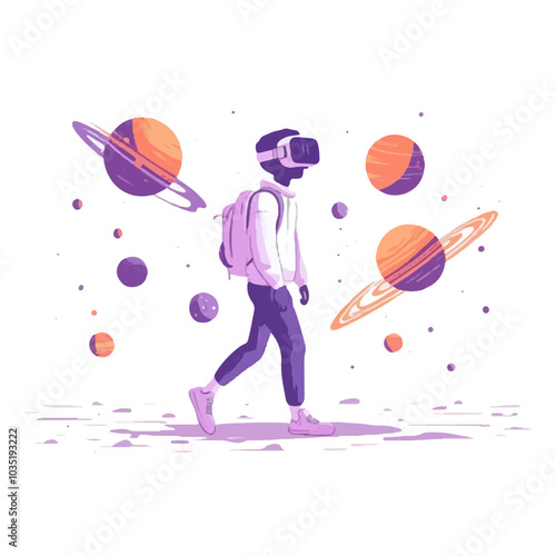 A person wearing virtual reality glasses and walking in a space setting with planets, vector illustration on a white background.