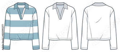  Long Sleeve Shirt technical fashion illustration, striped design. Polo Collar Top fashion flat technical drawing template, v-neck, front and back view, white, blue, women, men, unisex CAD mockup set.