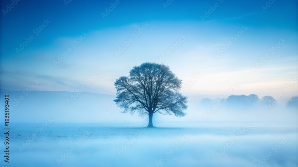 A tranquil scene of a foggy landscape showcasing a bare tree, enveloped in serene blue tones, evokes a peaceful atmosphere, ideal for minimalist nature photography. A tranquil scene of a foggy landscape showcasing a bare tree, enveloped in serene blue tones, evokes a peaceful atmosphere, ideal for minimalist nature photography.