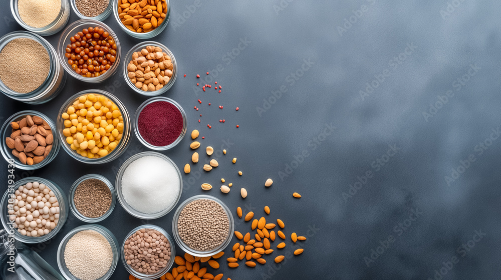 Various jars filled with colorful spices, grains, and nuts are arranged neatly on a dark surface, showcasing an array of textures and flavors for cooking and baking Various jars filled with colorful spices, grains, and nuts are arranged neatly on a dark surface, showcasing an array of textures and flavors for cooking and baking