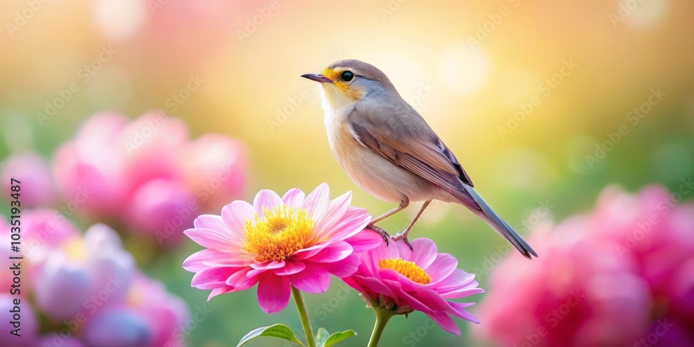 A tranquil scene showcasing a minimalist bird and flower in soft pastels, this nature photography captures wildlife beauty with an elegant composition and an artistic touch. A tranquil scene showcasing a minimalist bird and flower in soft pastels, this nature photography captures wildlife beauty with an elegant composition and an artistic touch.