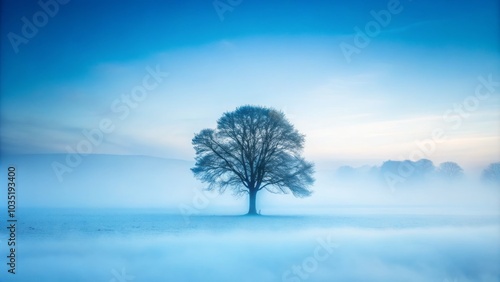 A tranquil scene of a foggy landscape showcasing a bare tree, enveloped in serene blue tones, evokes a peaceful atmosphere, ideal for minimalist nature photography.