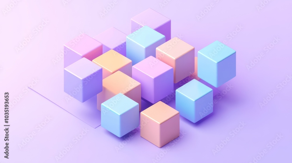 Fototapeta premium Colorful Cubes Arranged in a Geometric Pattern on a Lavender Background