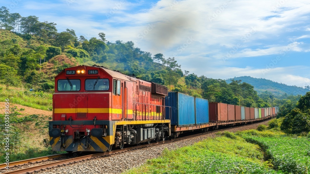 Freight train loaded with shipping containers passing through a rural landscape, transportation logistics Freight train loaded with shipping containers passing through a rural landscape, transportation logistics