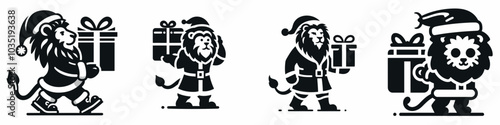 Lion in santa claus costume carrying a gift