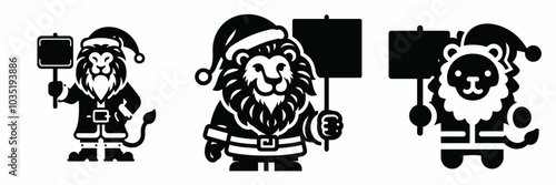 Lion in santa claus costume holding a sign