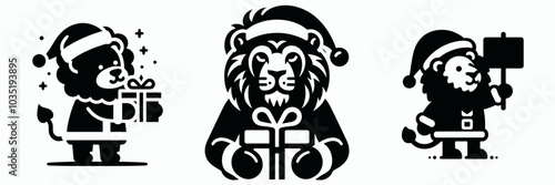 Lion in santa claus costume holding a gift