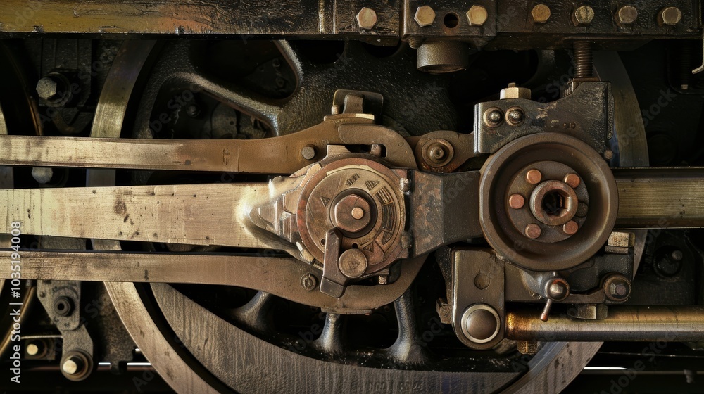 A close-up of a train's brake system and connecting rods, with the complexity of mechanical parts, Railway setting with intricate details A close-up of a train's brake system and connecting rods, with the complexity of mechanical parts, Railway setting with intricate details