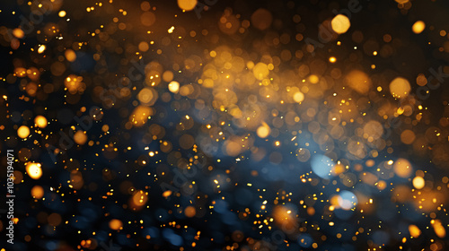 An abstract display of golden bokeh lights dances against a rich black background, creating a festive atmosphere. This striking contrast evokes feelings of celebration, elegance, and holiday cheer. photo