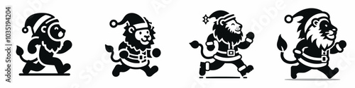 Lion in santa costume running joyfully