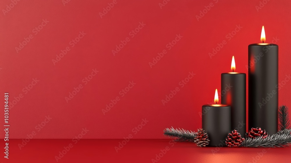 Red and black theme, festive candles glowing in a holiday room, 3D illustration Red and black theme, festive candles glowing in a holiday room, 3D illustration