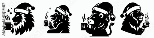 Lion in santa hat enjoying hot coffee