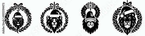 Lion in santa hat hanging from wreath