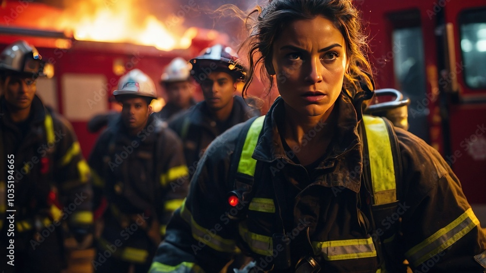 Fototapeta premium Female Firefighter Heroically Wields Fire Extinguisher at Night Scene