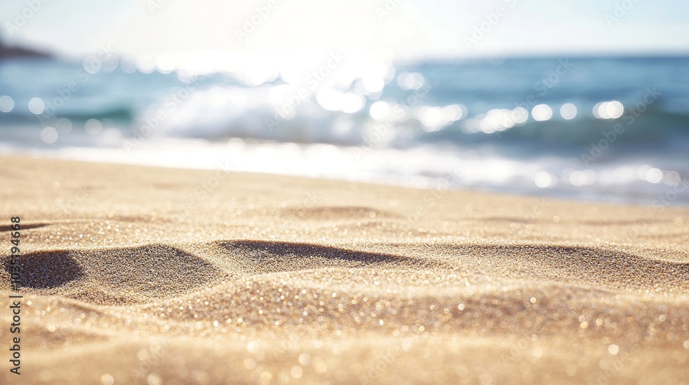 Soft Sandy Beach with Gentle Ocean Waves in Background Soft Sandy Beach with Gentle Ocean Waves in Background
