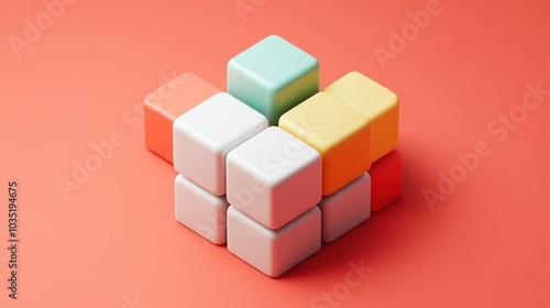 Colorful Cubes Arranged in a Pyramid Shape on a Red Background