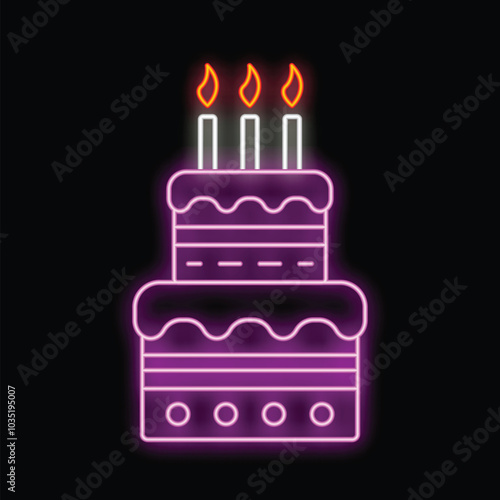 Purple and orange neon sign illustrating delicious birthday cake with candles on top