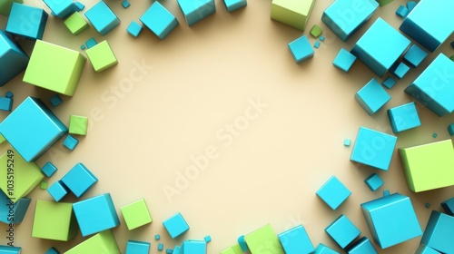 Blue and Green Cubes Scattered on a Beige Surface