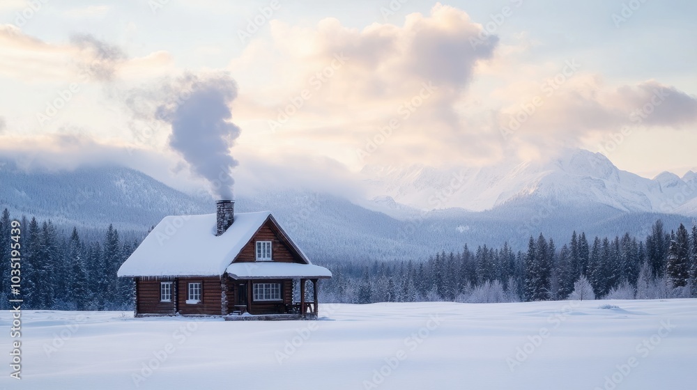 A cozy mountain house with a smoking chimney, covered in snow, standing in a vast, snowy field with distant mountains and trees in the background A cozy mountain house with a smoking chimney, covered in snow, standing in a vast, snowy field with distant mountains and trees in the background