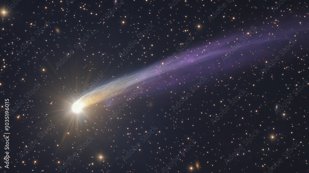 A radiant comet with a glowing white head and a long, dazzling tail of mixed purple and yellow hues, soaring through the star-filled night A radiant comet with a glowing white head and a long, dazzling tail of mixed purple and yellow hues, soaring through the star-filled night