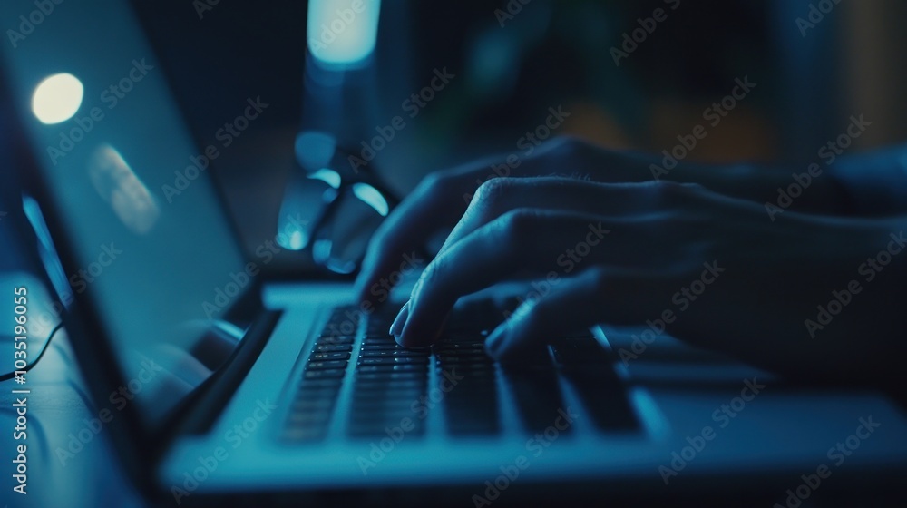 Typing on Laptop in Blue Light Typing on Laptop in Blue Light