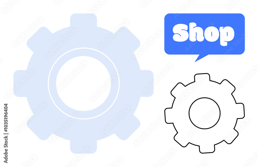 Two gears, one light blue and one black outline. Speech bubble with Shop text. Ideal for mechanics, engineering, shopping, industrial themes, and technological interfaces. Clean and minimal design Two gears, one light blue and one black outline. Speech bubble with Shop text. Ideal for mechanics, engineering, shopping, industrial themes, and technological interfaces. Clean and minimal design