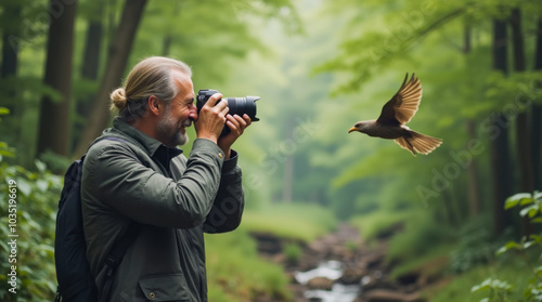 Wildlife photographer capturing bird in flight in forest