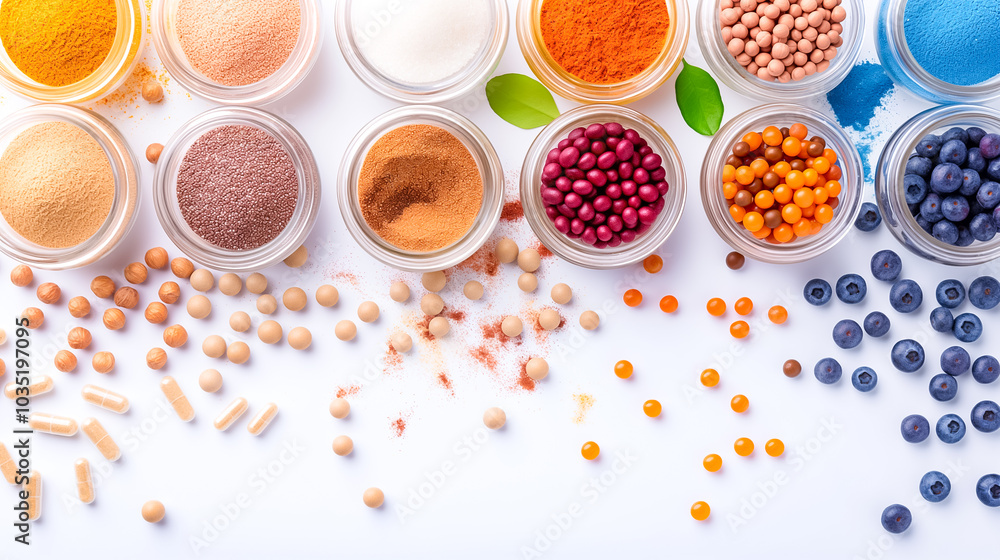 A vibrant assortment of spices, powders, and fresh berries is beautifully arranged on a white surface, showcasing the rich colors and textures of various culinary ingredients A vibrant assortment of spices, powders, and fresh berries is beautifully arranged on a white surface, showcasing the rich colors and textures of various culinary ingredients