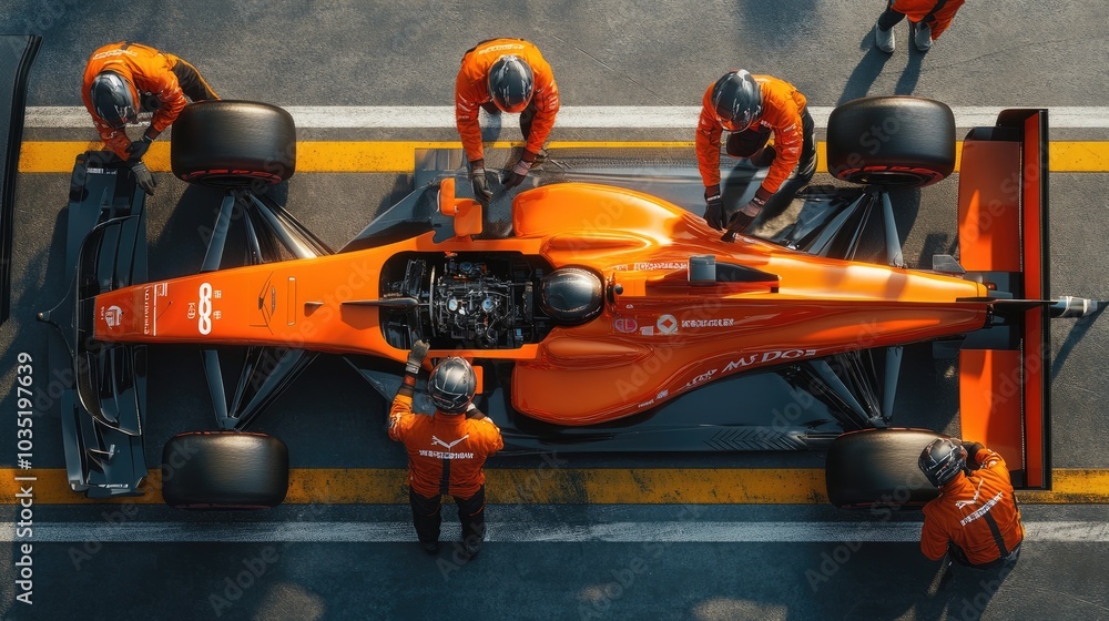Aerial View of Formula One Pit Stop with Team of Mechanics Working on High-Performance Race Car in Vibrant Orange Livery Aerial View of Formula One Pit Stop with Team of Mechanics Working on High-Performance Race Car in Vibrant Orange Livery