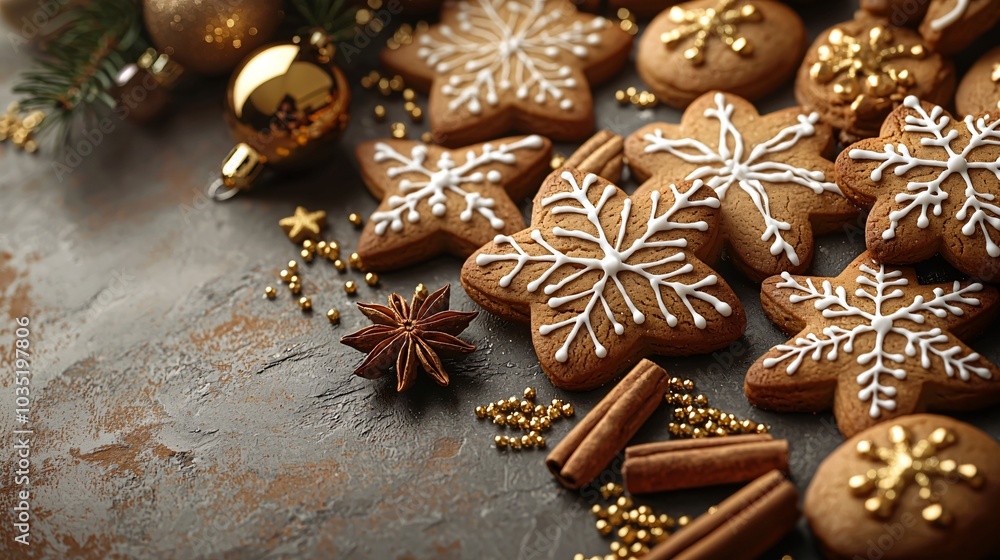 Festive gingerbread cookies in various shapes on a warm gray background, perfect for Christmas cards and holiday baking promotions. Festive gingerbread cookies in various shapes on a warm gray background, perfect for Christmas cards and holiday baking promotions.