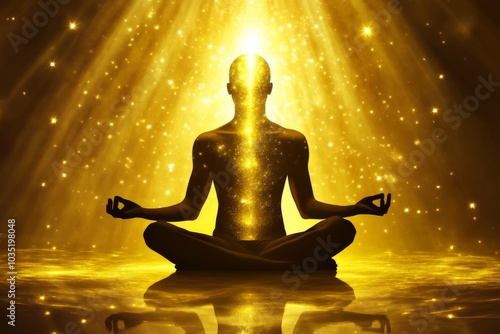 Golden silhouette of a meditating figure surrounded by rays of radiant light symbolizing spiritual awakening inner peace and the luminous energy of enlightenment