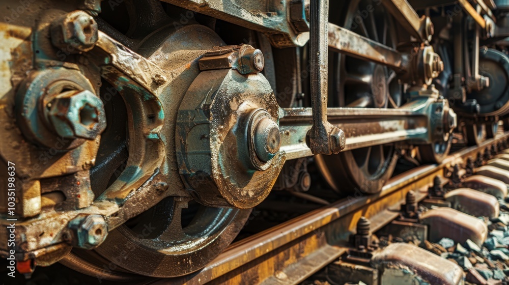 Fototapeta premium A close-up of a train's wheel and track connection, with textures of metal and gravel, Railway setting with detailed craftsmanship
