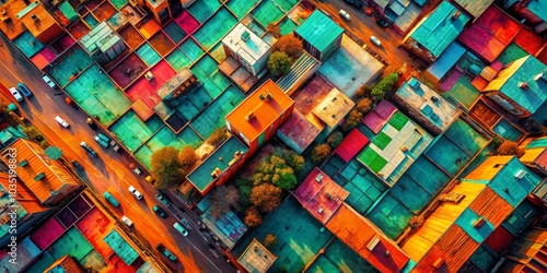 Capture the essence of urban exploration with vivid abstract backgrounds in orange, teal, green, and pink, enhancing your stunning cityscape and creative visuals. photo