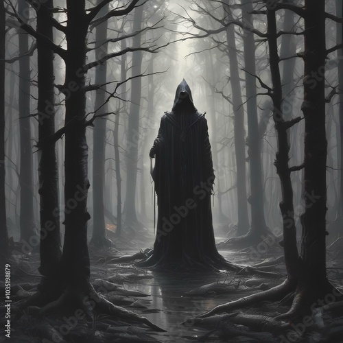 Illustration of dark spooky cloack person standing in creepy woods. photo