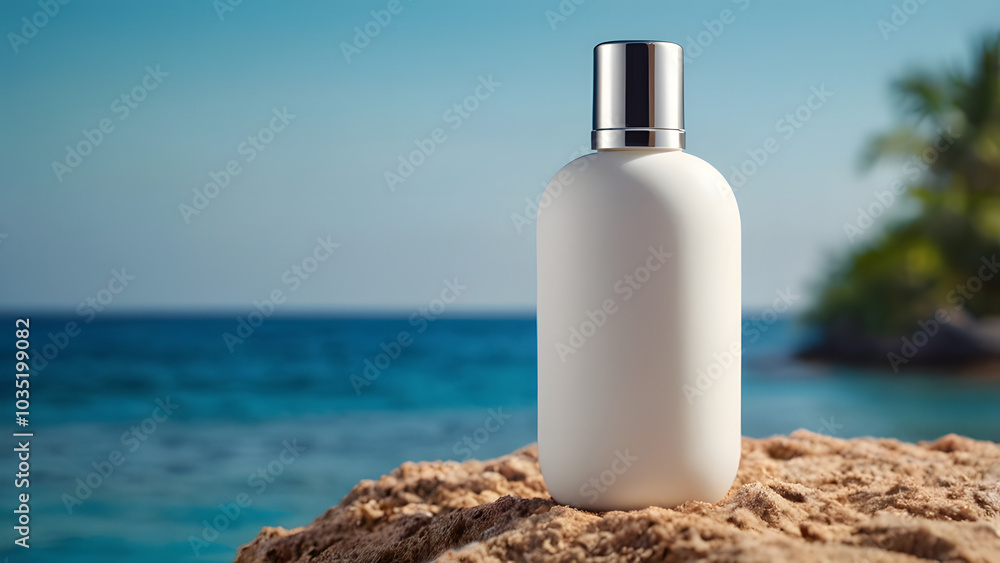 White bottle matte stands on a stone on the background of the sea and tropical plants. bottle for cosmetic products body and face care White bottle matte stands on a stone on the background of the sea and tropical plants. bottle for cosmetic products body and face care
